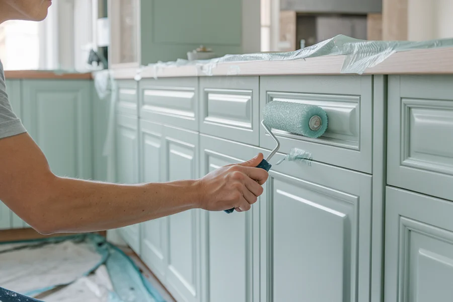 Michael from Canvas Craft Painters painting cabinets in South San Francisco, CA Canvas Craft Painters South San Francisco CA cabinet painting